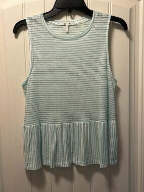 Three Dots Women's Blue Mojave Striped Round Neck Flounce Peplum Tank Top Size M